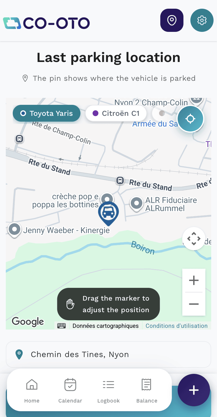 Carte du lieu de stationnement du véhicule dans Co-oto