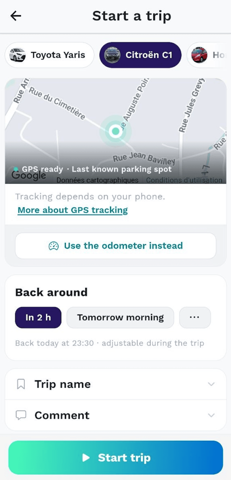 Co-oto start screen with the choice between GPS measurement and odometer entry